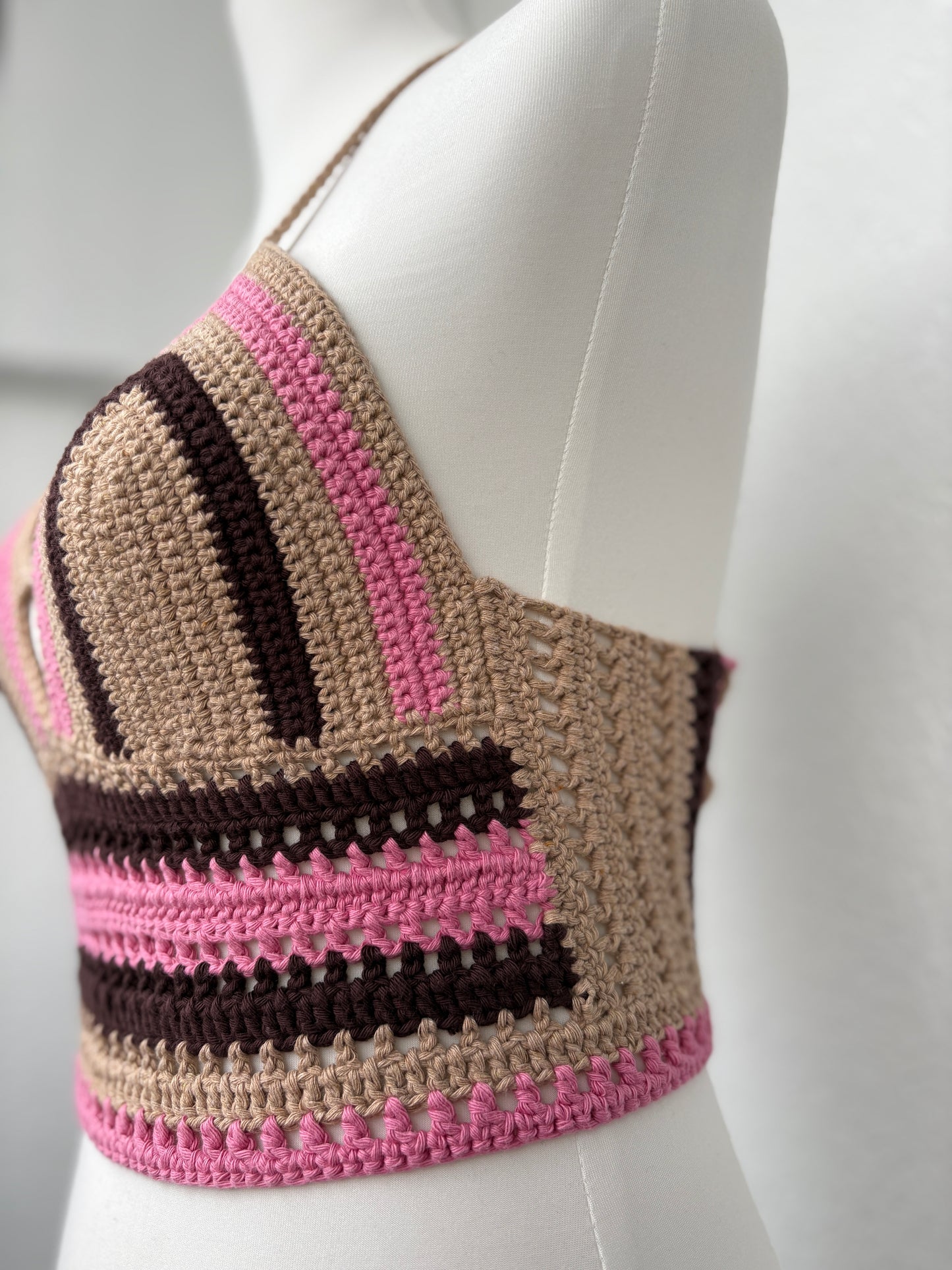 Gehäkeltes Bralette – Rosa/Braun/Beige | Größe S