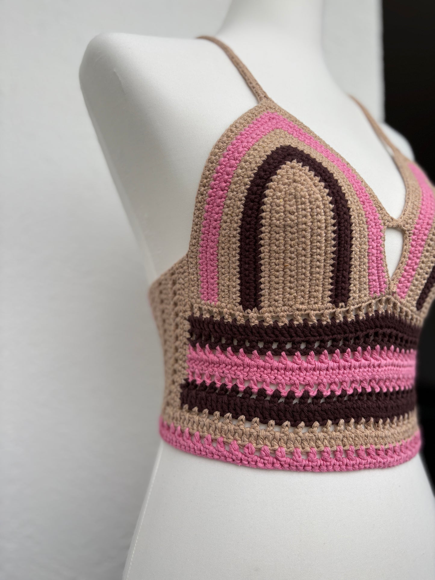 Gehäkeltes Bralette – Rosa/Braun/Beige | Größe S
