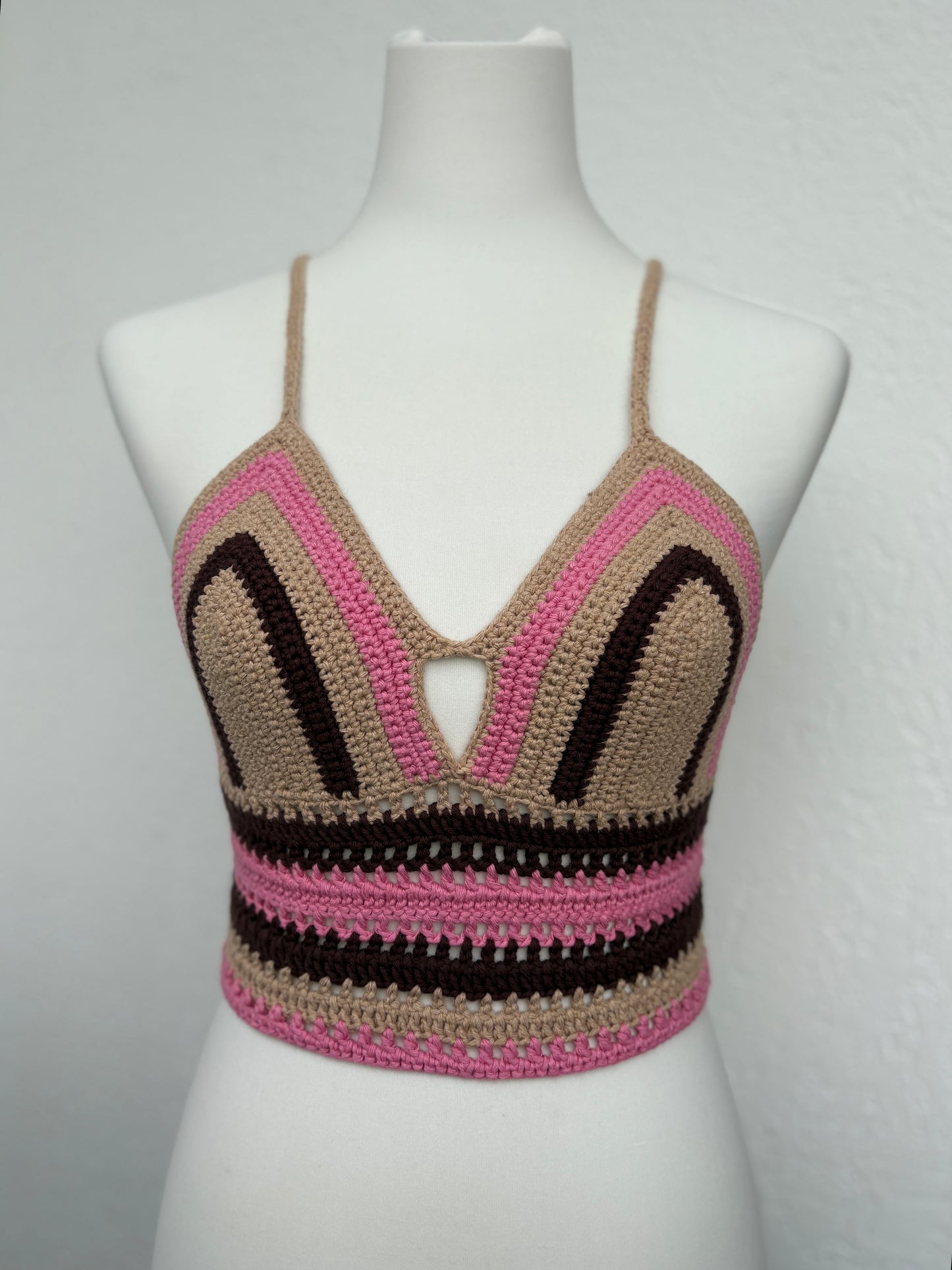 Gehäkeltes Bralette – Rosa/Braun/Beige | Größe S