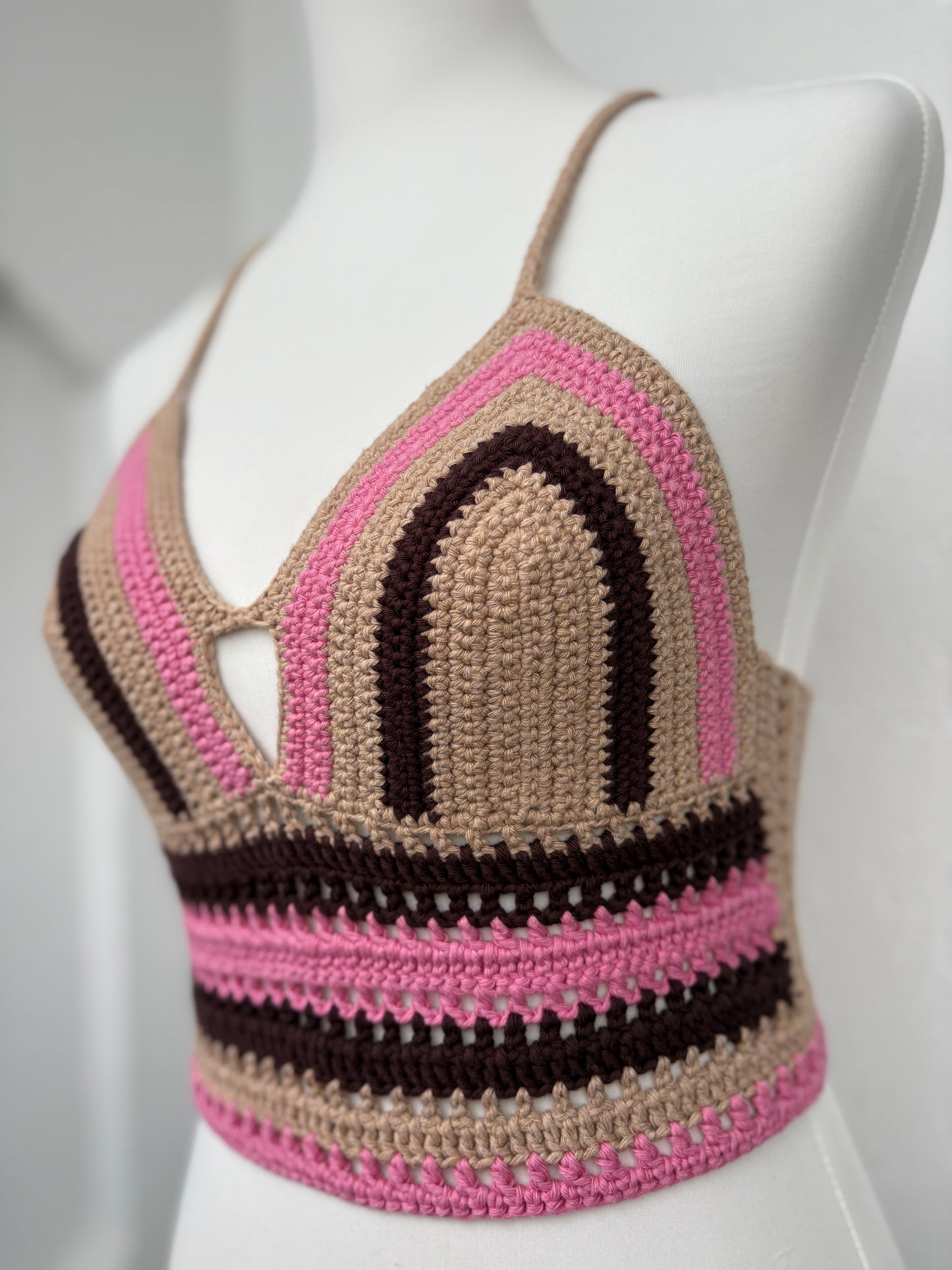 Gehäkeltes Bralette – Rosa/Braun/Beige | Größe S