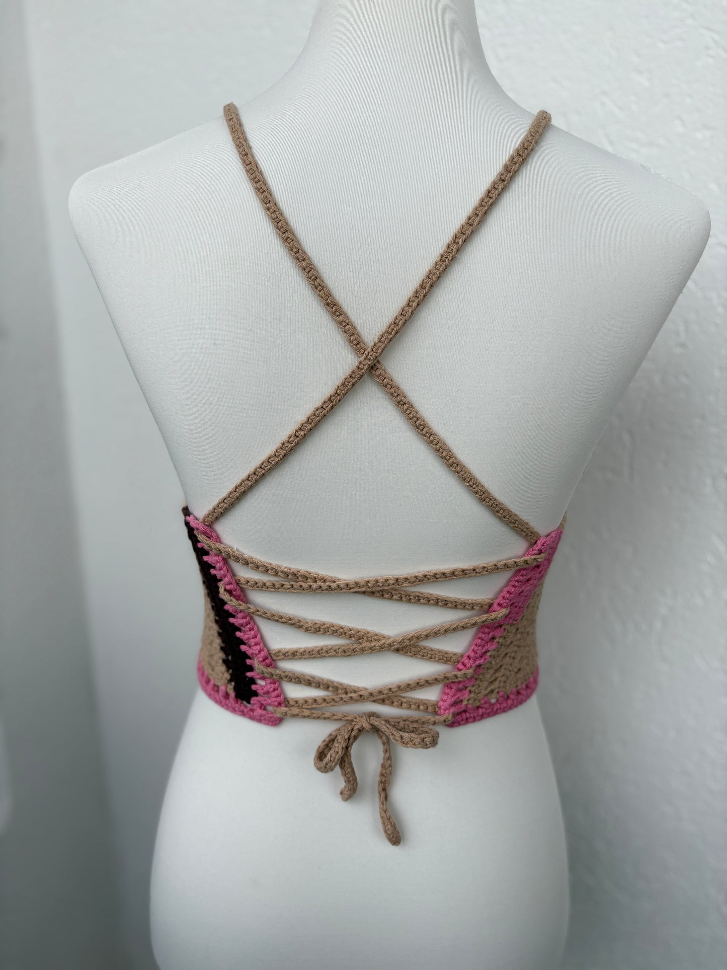 Gehäkeltes Bralette – Rosa/Braun/Beige | Größe S
