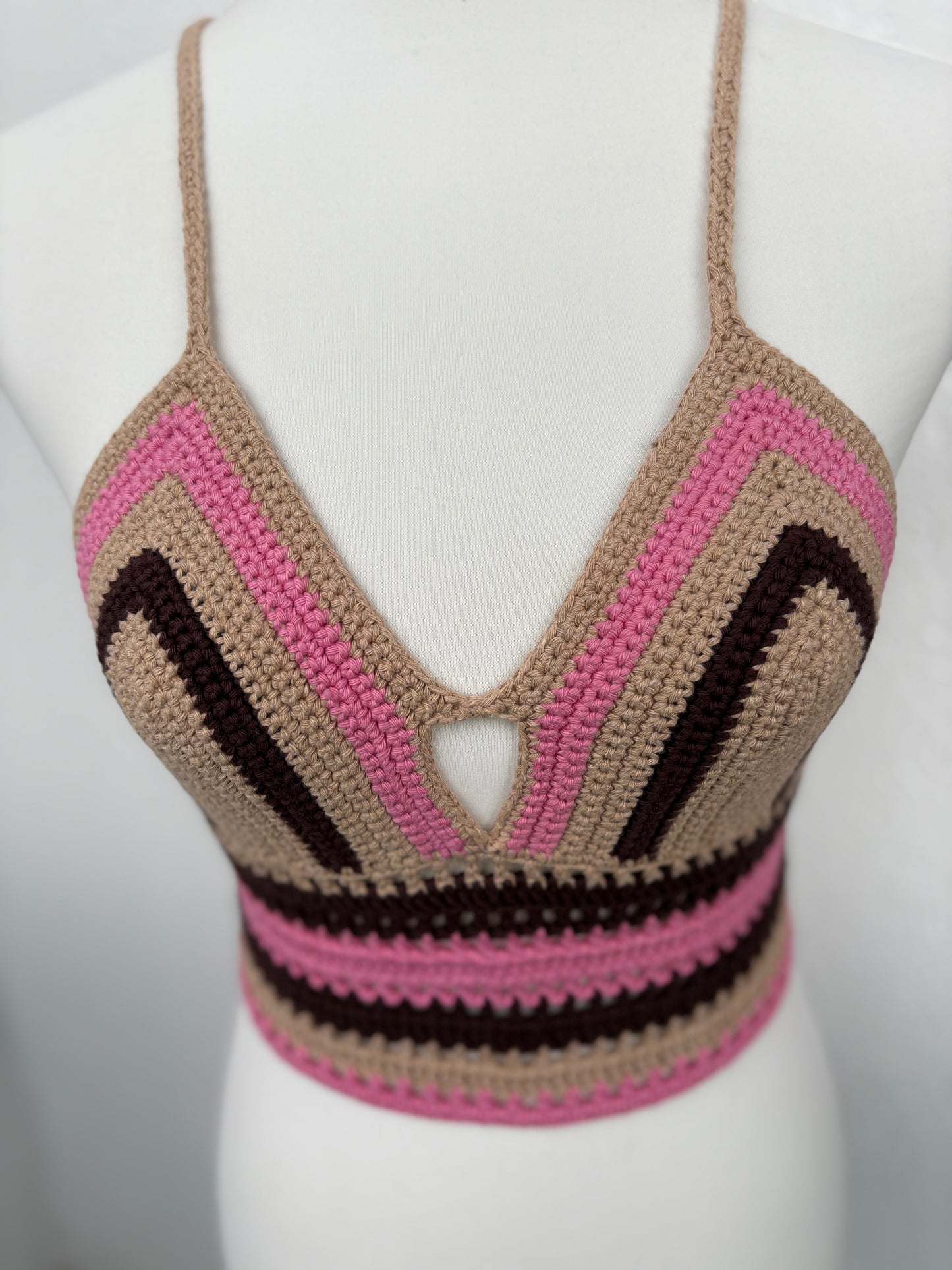 Gehäkeltes Bralette – Rosa/Braun/Beige | Größe S